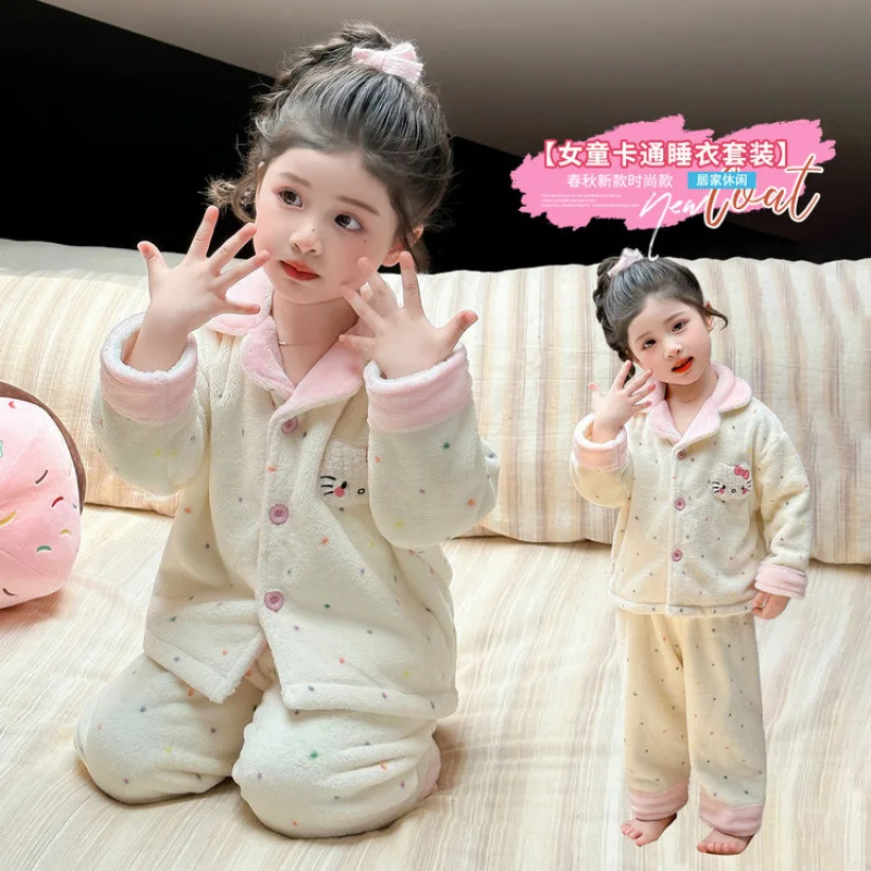 فتاة أنيمي الخريف/الشتاء بيجامة غير رسمية مجموعة الطفل الكرتون مرحبا كيتي الفانيلا سميكة منامة الأطفال المرجان المخملية ملابس المنزل #2