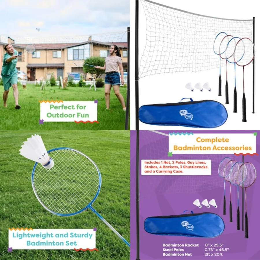 

Badminton Set - Backyard Games Include 4 Badminton Rackets, 3 Birdies, Regulation-Size Net with Pole Stakes and Carry Bag - Out