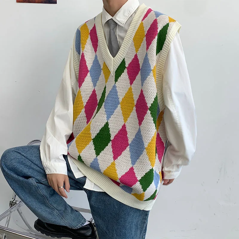 Colorful Argyle Sweater Vests Men Couples Panelled Causal Fashion Sleeveless Knitwear Harajuku Loose Hip Hop Japan Style V-neck