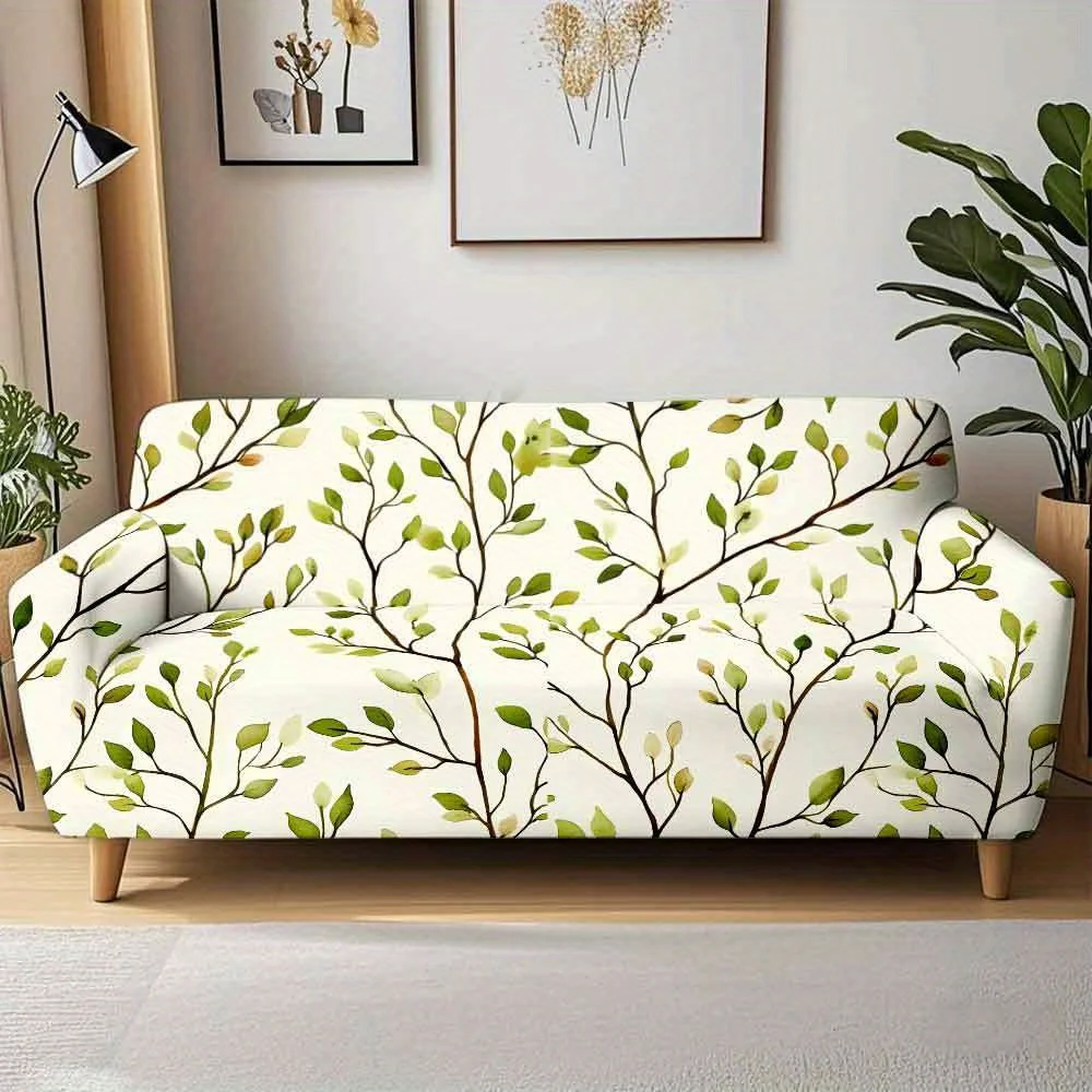1pc Watercolor Green Leaf Branch Print Stretch Sofa Cover, Removable Washable Anti-Dust Couch Slipcover