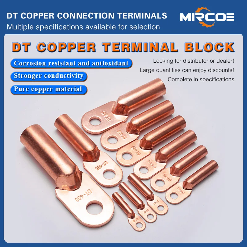 10PCS Square Purple Copper Wire Ear DT10 to DT300 A-Level DT Copper Nose Terminal Block Lug for Electrical Wiring 10mm2-95mm2