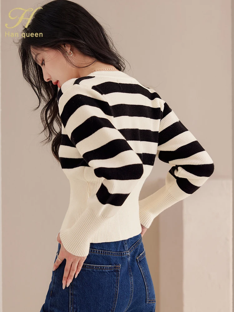 H Han Queen 2024 Autumn Color Blocking Stripes Knitted Cardigan Sweater Women\'s Tops Basic Double Breasted Long Sleeve Cardigans