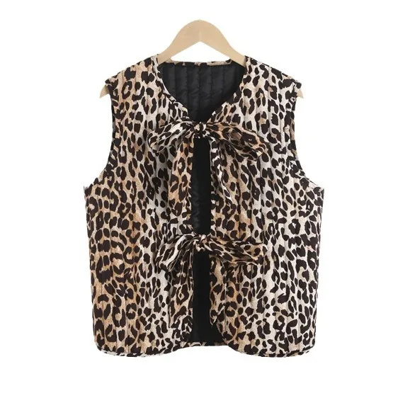 2024 Leopard Print Bow Lace-up Vest Women Loose Sleeveless V-neck Tank Top 2024 Spring Fashion Lady Office High Street Outwears