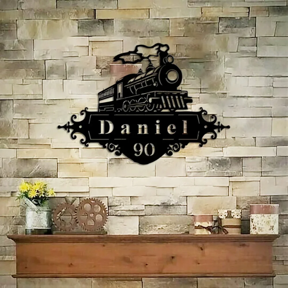 Custom Metal Welcome Sign Steel House Numbers Lawn Stakes Address Steam Engine Train Locomotive Rustic Gift for Train Lovers