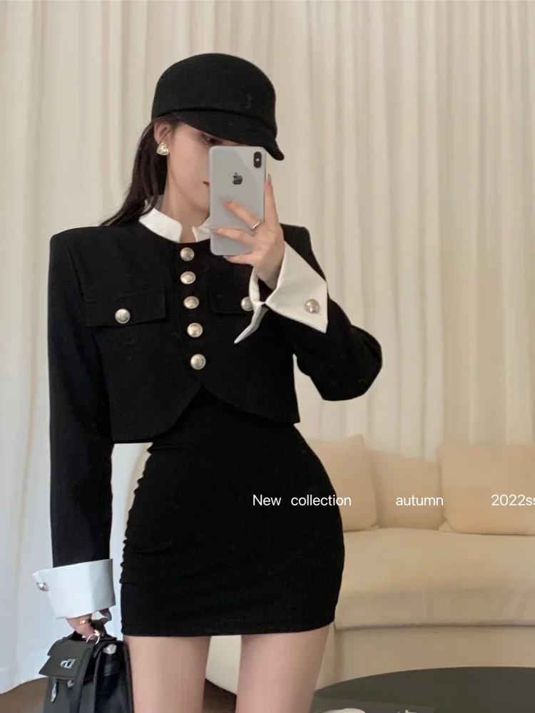 

2024 Spring Two Pieces Set Women Contrast Cropped Coats + Black Off Shoulder Mini Elegant Dress Korean Fashion Y2k Streetwear