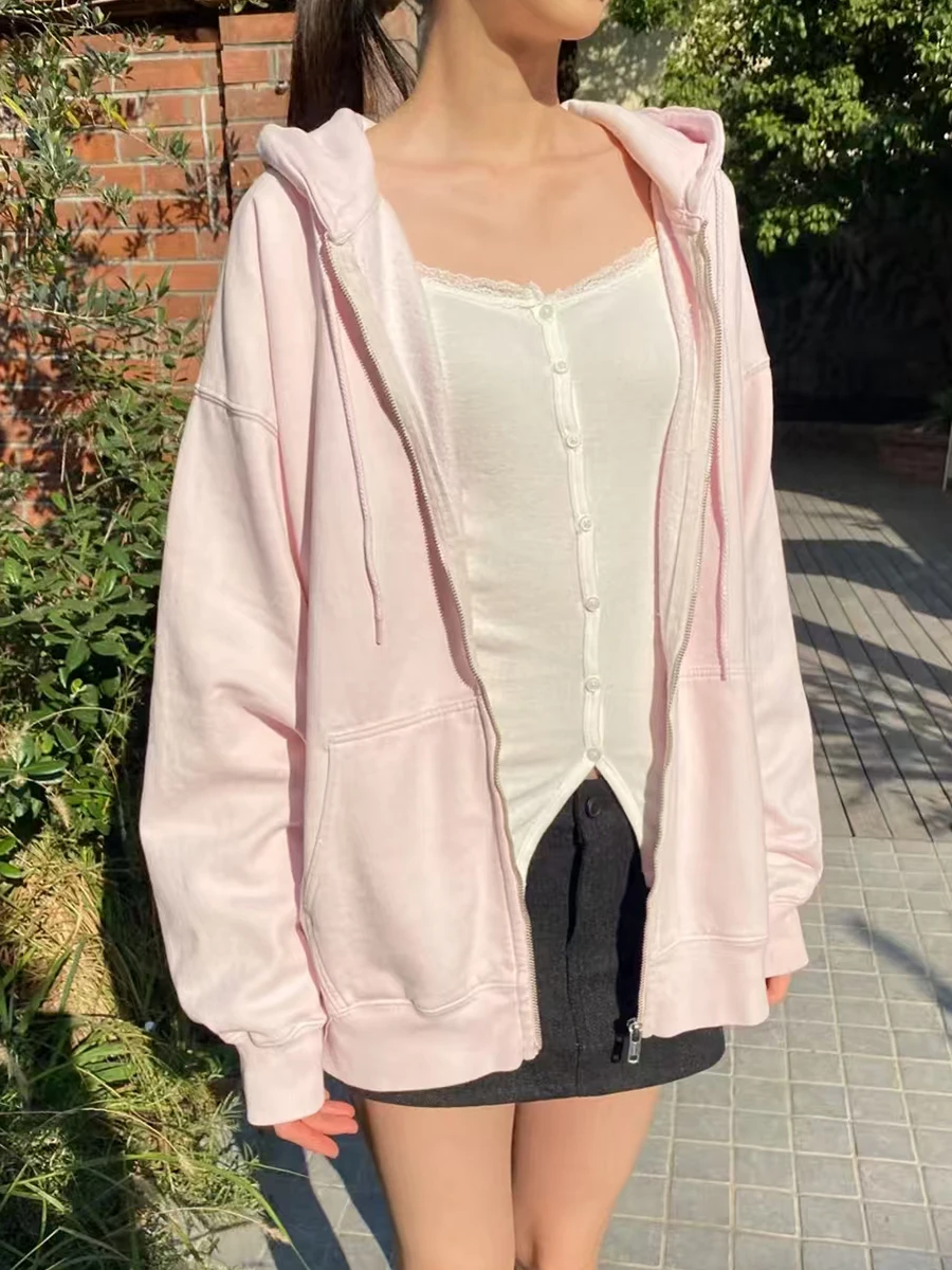 Rosa süßer übergroßer Kapuzenpullover, Herbst, langärmelig, mit Kapuze, Reißverschluss, Baumwoll-Sweatshirt, lässig, einfach, Adrette, niedliche Hoodies, Top für Damen