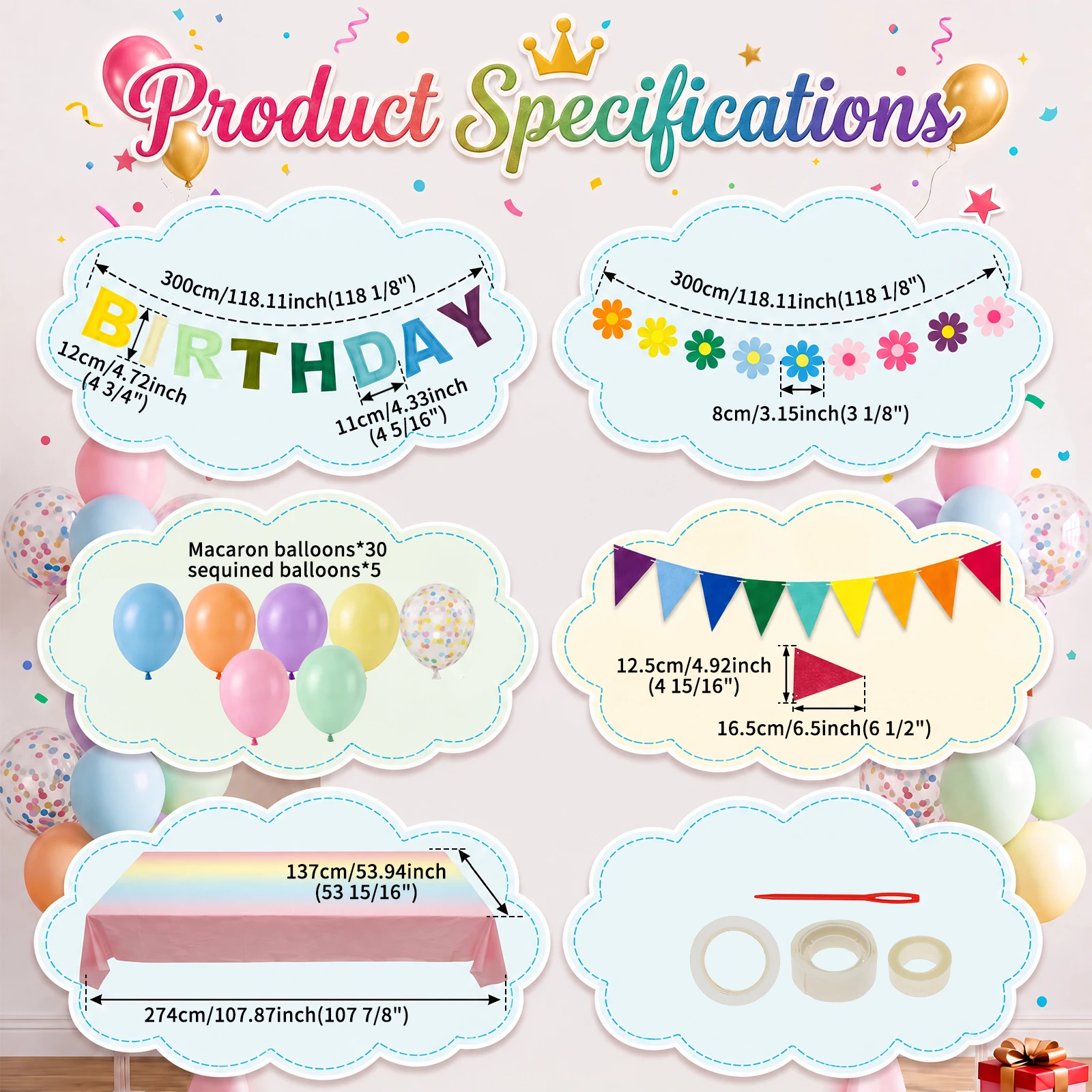 Colourful Happy Birthday Decor Supplies Pre Strung Banner Garland Party Backdrop Setup Photo Props Hang on Mantels Walls Windows