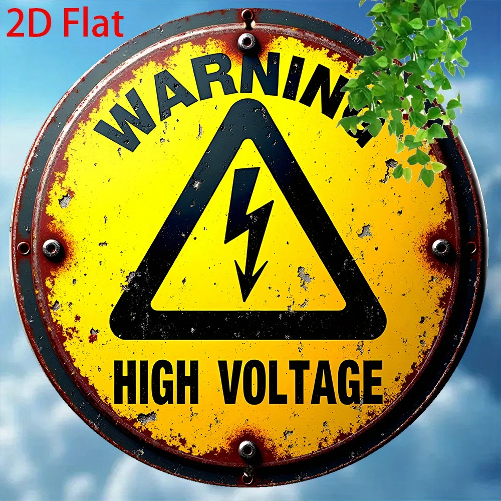 2D Flat - 1pc Vintage Electrical Warning Sign | Retro Round Metal Plaque with HIGH VOLTAGE Decoration, Yellow & Black Danger
