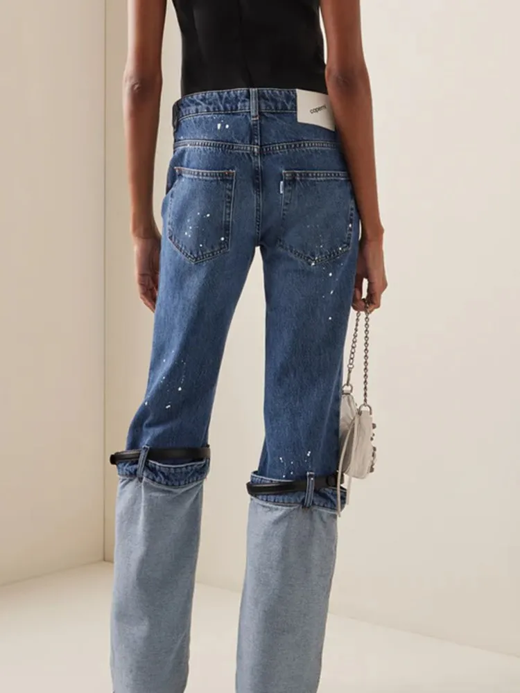 BPN Patchwork Belts Hit Color Jeans For Women High Waist Spliced Pockets Straight Denim Trounsers Female Fashion Clothing 2023