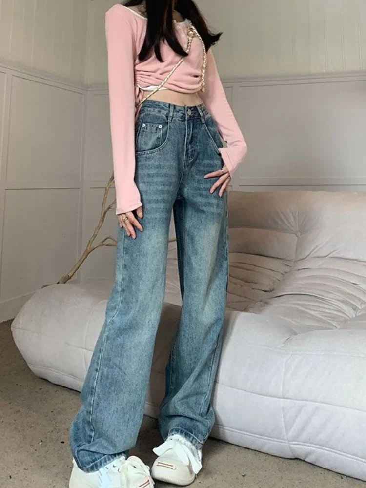 Full Length Jeans Women American Style Simple Pockets Retro Chic Straight High Waist Fashion All-match Vintage Spring Fall Denim