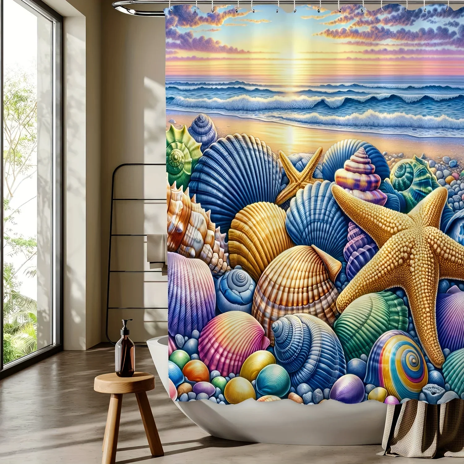 

~O~Пляжная ракушка, морская звезда, занавеска для душа с цифровым принтом, можно стирать в машине, двусторонний всесезонный декор для ванной комнаты из полиэстера