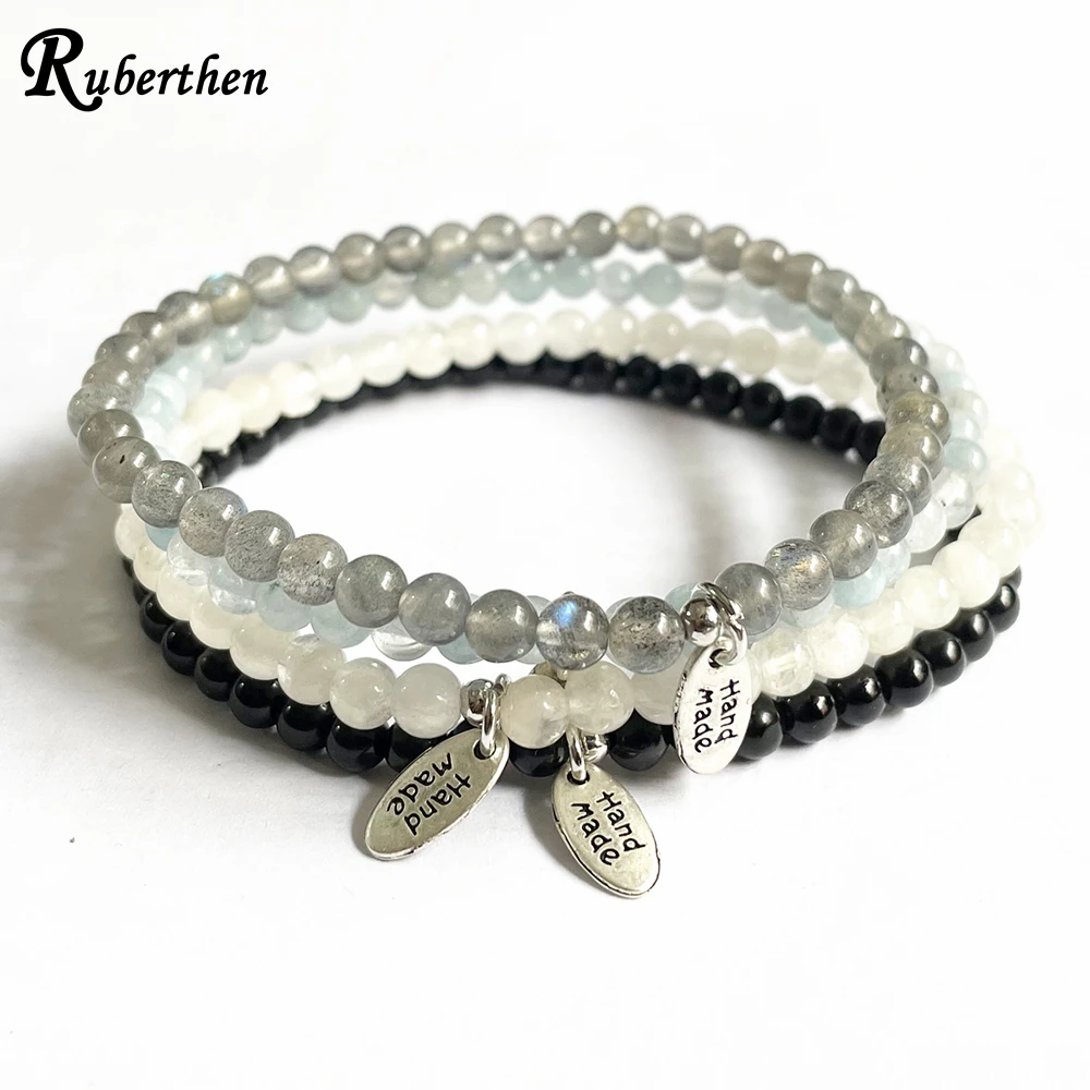 Ruberthen 4 MM Labradorite Aquamarine Moonstone Black Tourmaline Bracelet Set Handmade Womens Mini Gemstone Wrist Mala  Jewelry