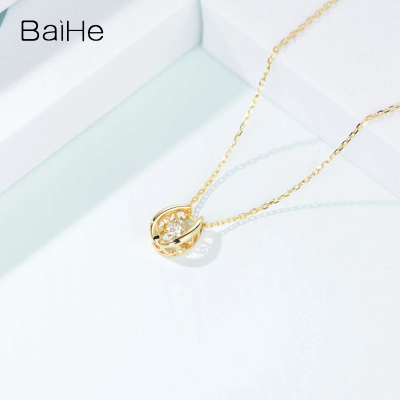 BAIHE Solid 18K Yellow Gold 0.05ct H/SI Natural Diamond Dancing U-shaped Necklace Women Men Everyday Trendy Fine Jewelry Colar