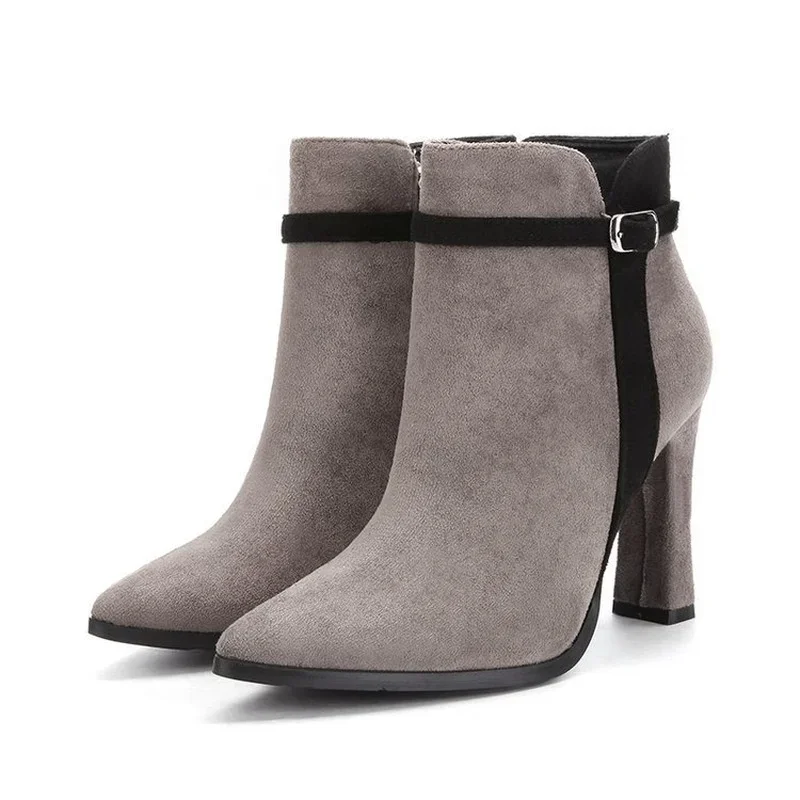 Fall and Winter New Faux Suede Pointed Shoes Short-heeled Belt Button Short-barrel High-heeled Anti-skid Ankle Boots Women Shoes