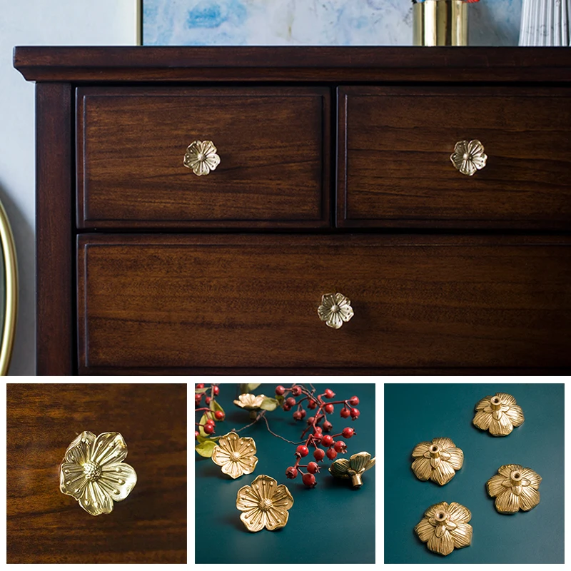 1PC  Knob Cabinets Plum Blossom Furniture Handles Cabinet Pulls Brass Cabinet Knobs For Furniture Flower Hardware Golden