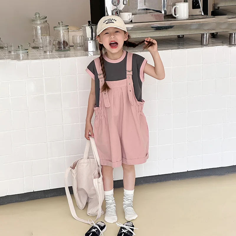 

Girl Clothes Suit Children Korean Style Foreign Style Suit Girls Loose Pink Pantsuits and Color Matching Vest 2-piece Set