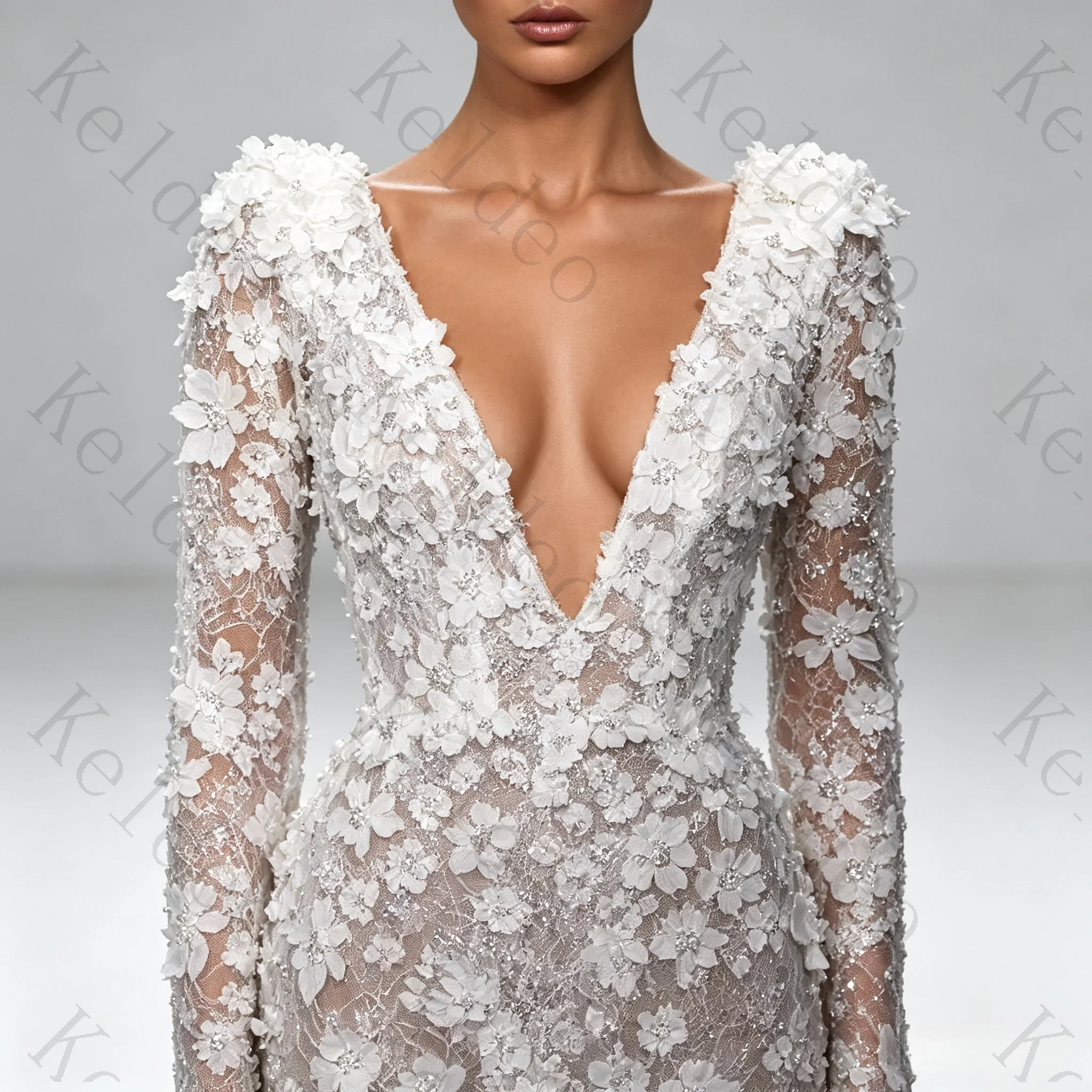 Customized Elegant Deep V Neck Mermaid Long Sleeves Wedding Dresses sexy beading 3D Flowers Appliques Floor-Length Bridal Gowns