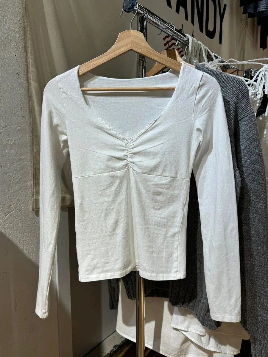 Bow Lace Trim Slim Long Sleeve T-shirt Woman Folds V Neck Cotton Tees Solid Simple Sweet Preppy Style Basic Tshirt Y2k Tops