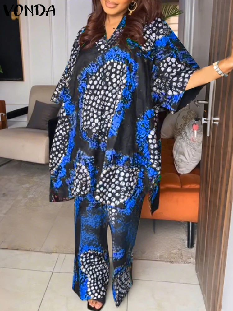 

Plus Size 5XL VONDA Women Long Pant Sets Vintage Print Top and Wide Leg Pants Casual Loose 2pcs Two-piece Summer Bohemian Outfit