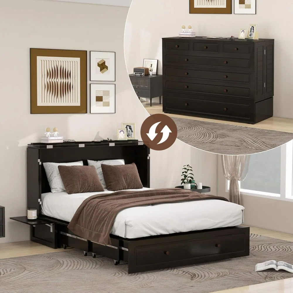 

Queen Bed Cabinet with Charging Station for Guest Room, Black Bed Queen with Storage Drawer and For Bedroom, Daybeds