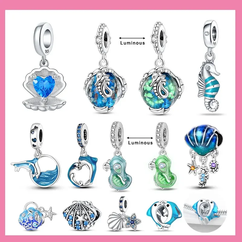 925 Sterling Silver Glittering Luminous Blue Heart Shells and Snakes Charm Fit Original Bracelet Women Necklace Jewelry Gift