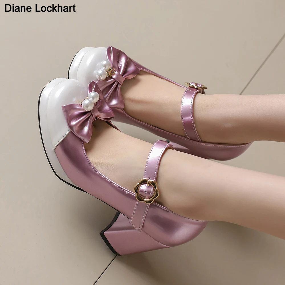 Women Lolita Bow Shoes Platform Mary Janes Princess Ankle Strap Round Toe Chunky Heel Shoes Uniform Dress Pumps Mixed Color