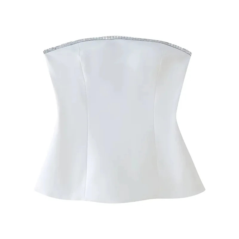 TRAF strass Crop Top bianco donna corsetto con spalle scoperte Top senza maniche Backless Summer Bustier Top donna Sexy Short Tops