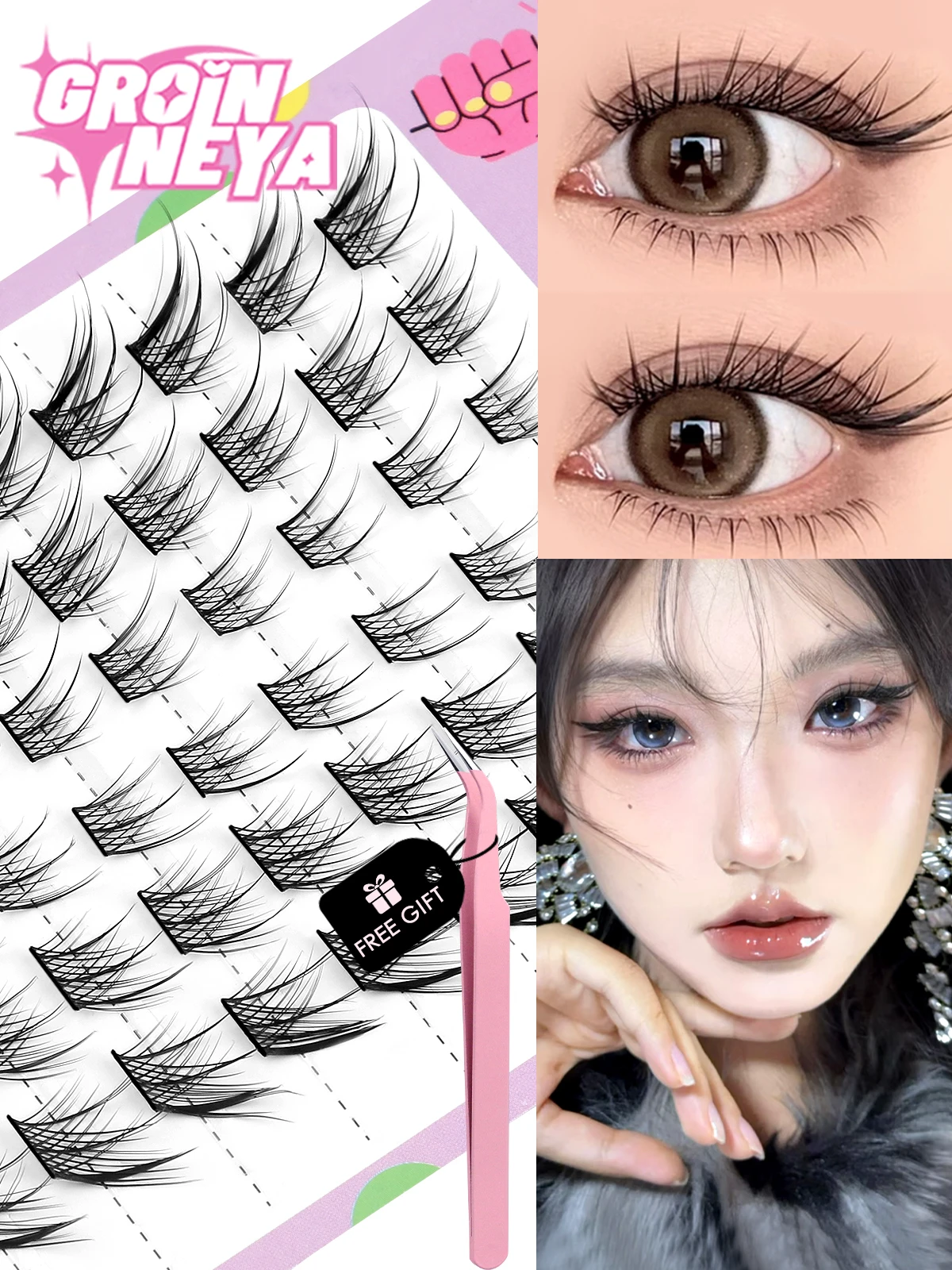 GROINNEYA DIY Wimpern Natürliche Wimpernverlängerung Cluster Wimpern Volumen Gemischtes Tablett Wimpern Cluster Natürliche DIY Wimpernverlängerung