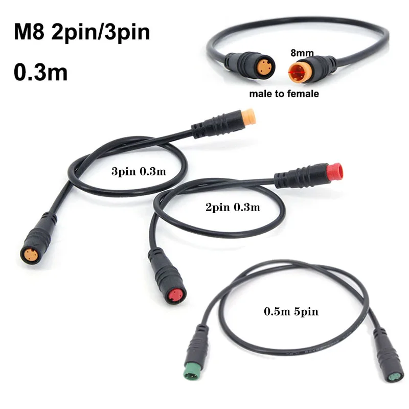 0.3/0.5m M8 2 3 5 Pin Ebike connector 8mm Cable Speed Sensor male to female plug M/F Ebike Extension Electric Bicycle Waterproof