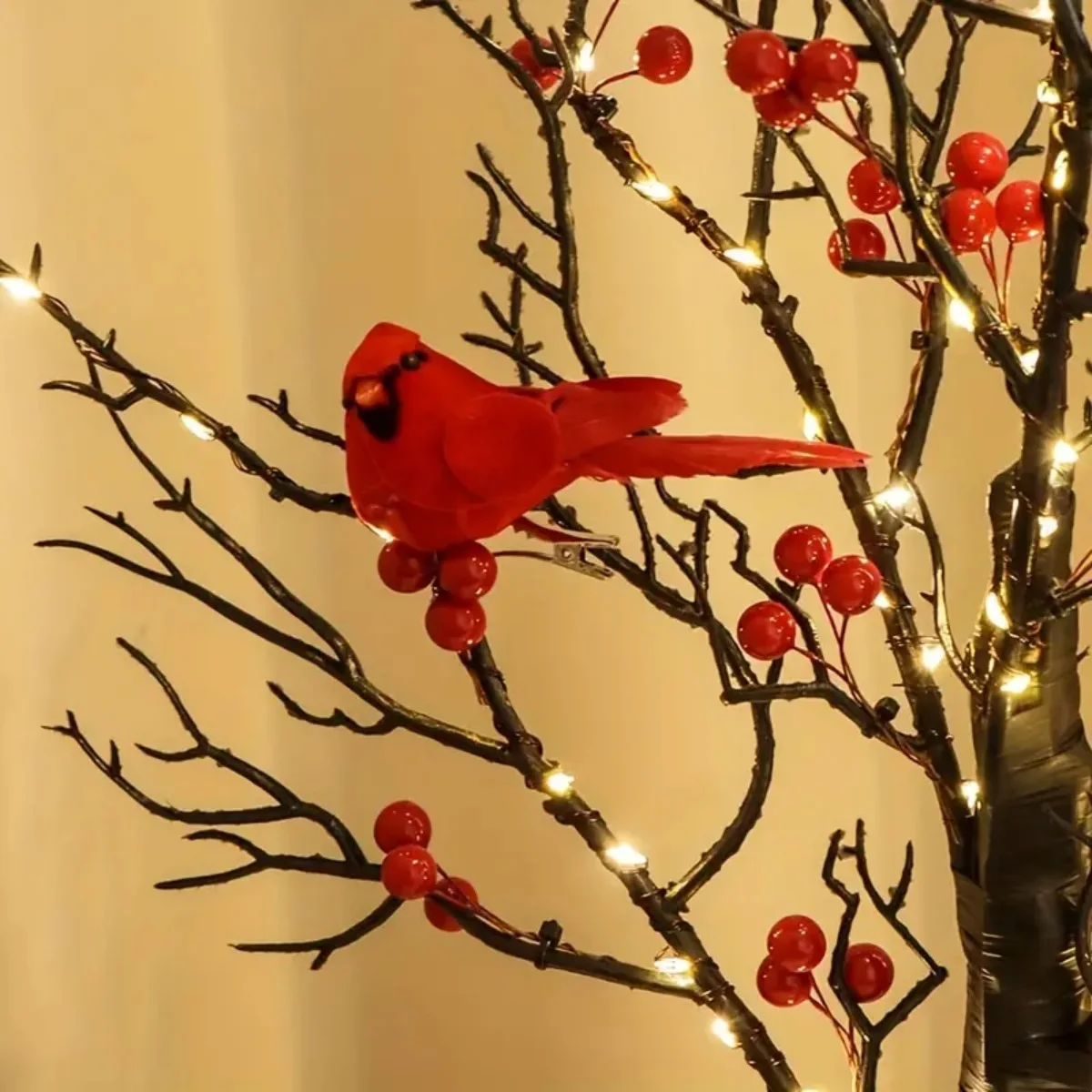 1pc 60 LED Black Artificial Birch Lighting With Red Berry And Bird Parrots Battery Operated Tabletop Mini Artificial Tree Lamp