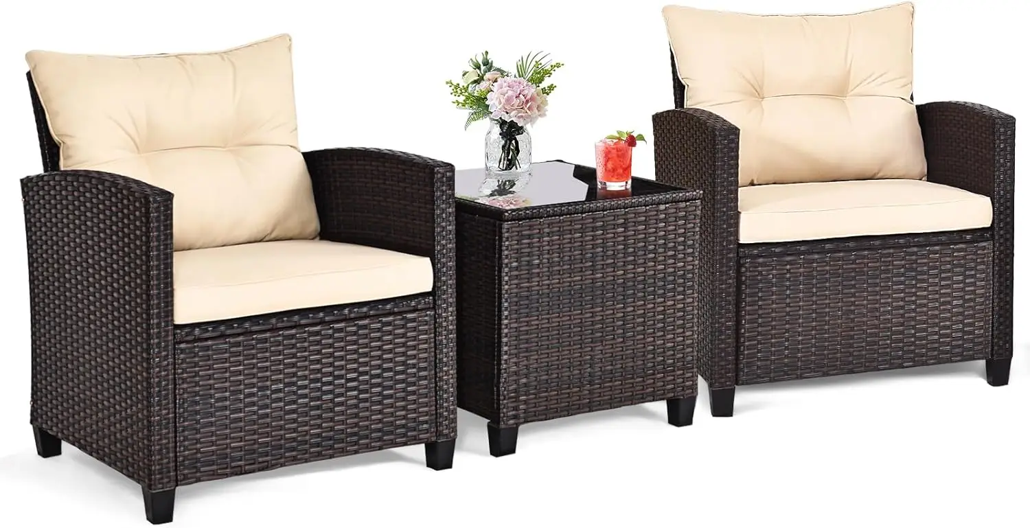 3-teiliges Rattan-Balkon-Set, Polyrattan-Gartenmöbel mit Stuhl und Tisch, Bistro-Set mit Sitz-und