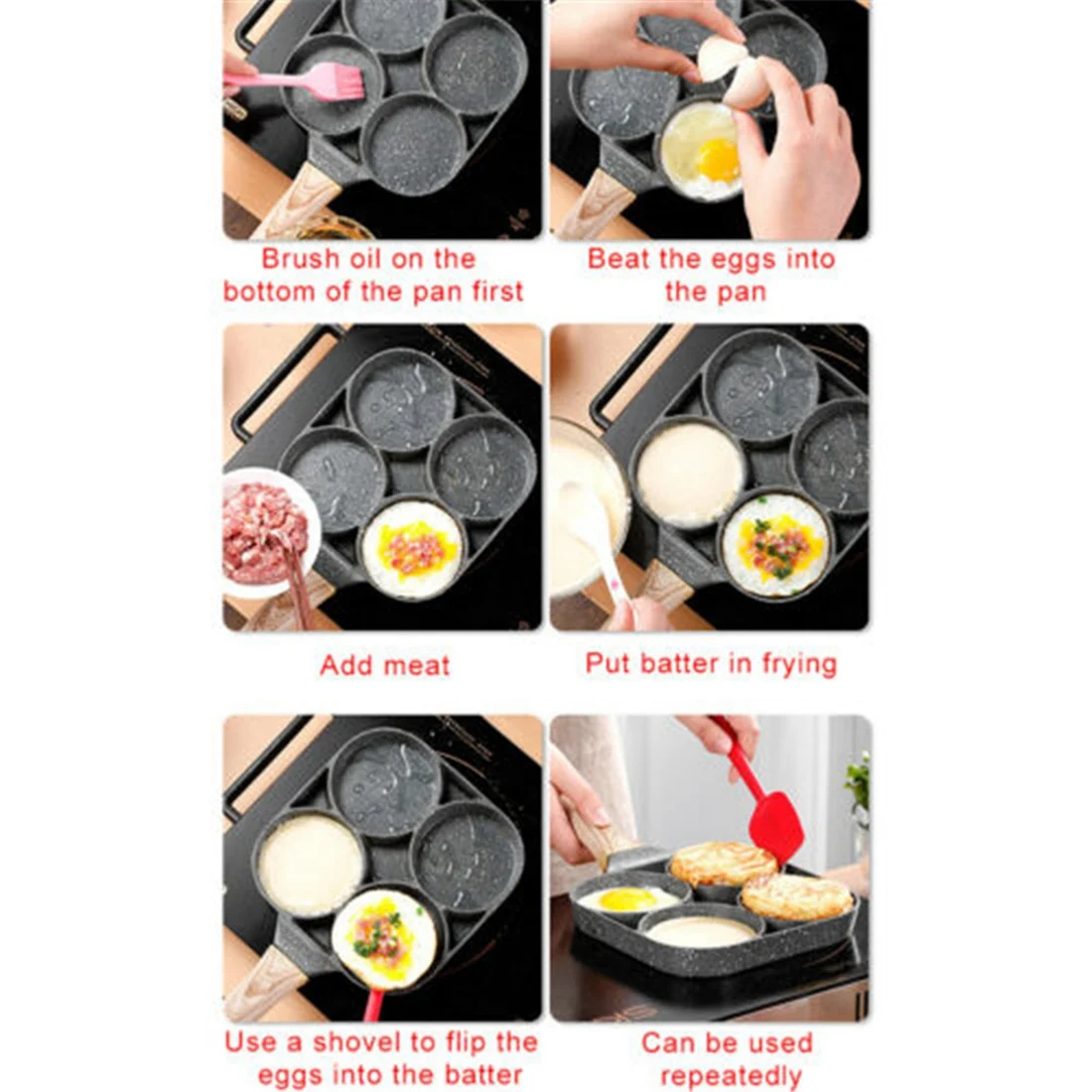 4 Hole Frying Pot Thickened Omelet Pan Black Non-Stick Egg Steak Ham Pancake Wooden Handle Cooking Breakfast