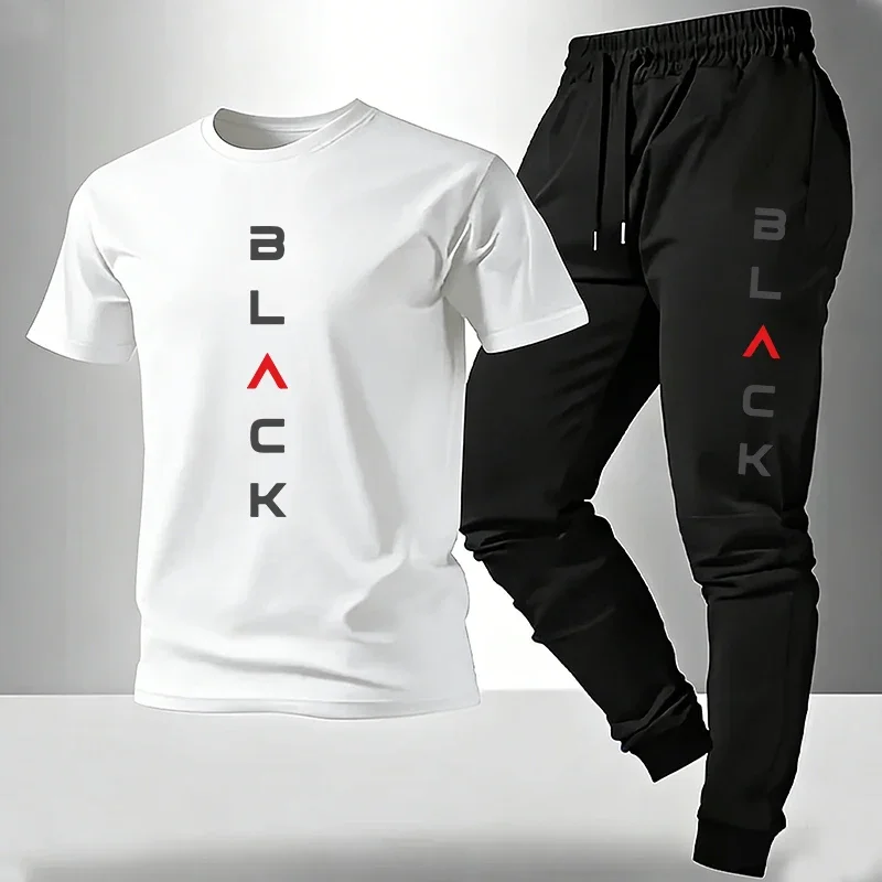 Black Letter Print T-shirt and Sweatpants 2026 Summer Men's Set High Grade Short Sleeve Outfit Home Outdoor Casual T-Shirts Sets