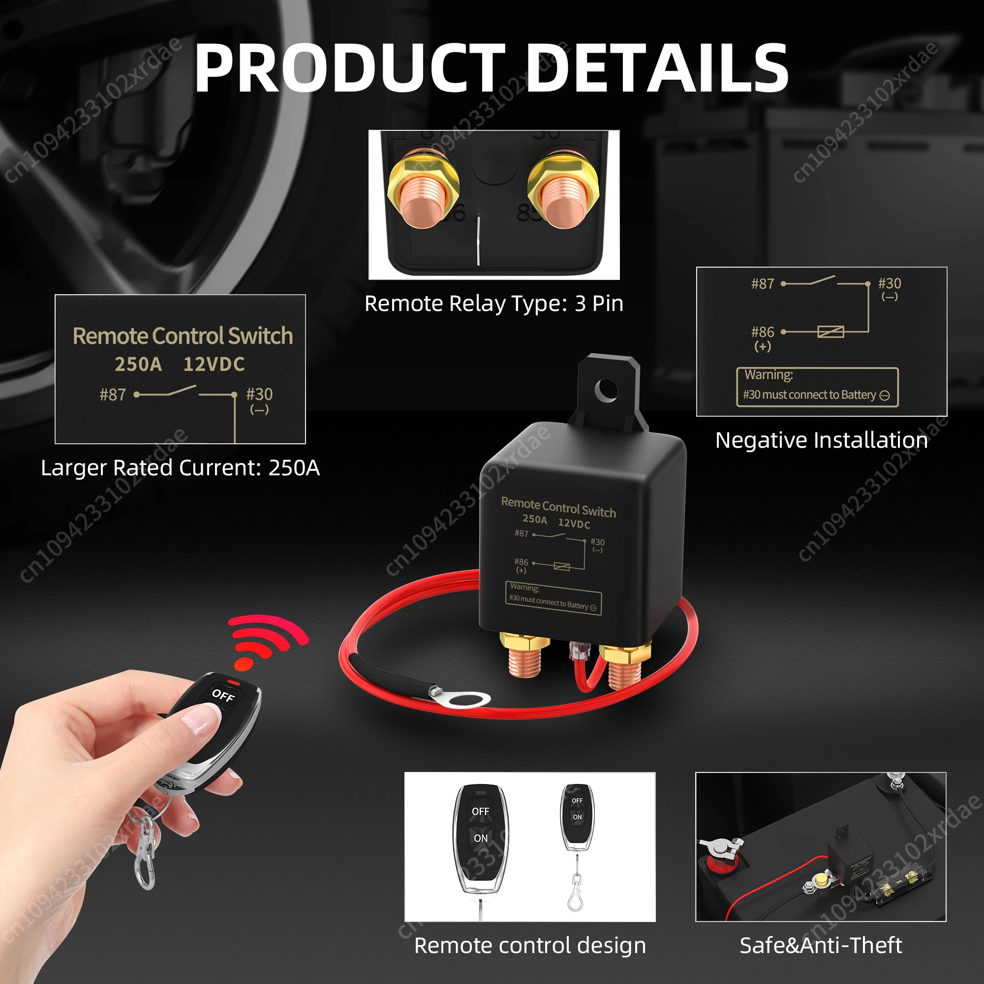12V 250A Battery Kill Switch Wireless Remote Battery Disconnect Switch Theft Car Security Control Switch With 2keys for Car