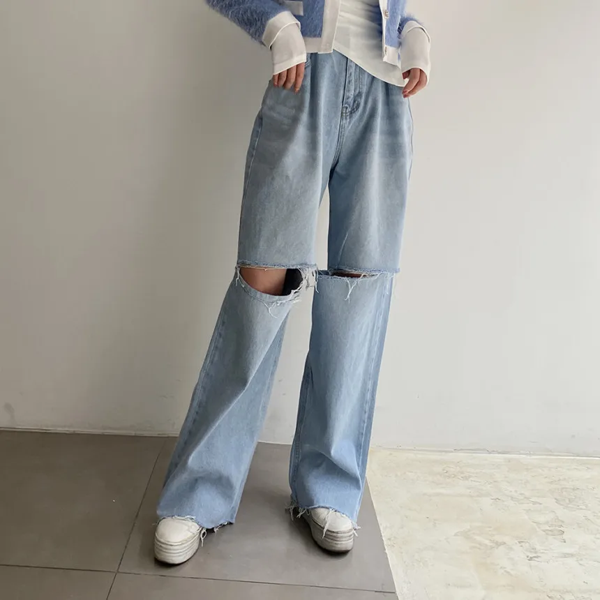 

Adjustable Waist Vintage Fashionable Cut out Frayed Hem Women's Jeans Spring Summer New Style Korean Style Natural Waist Cotton