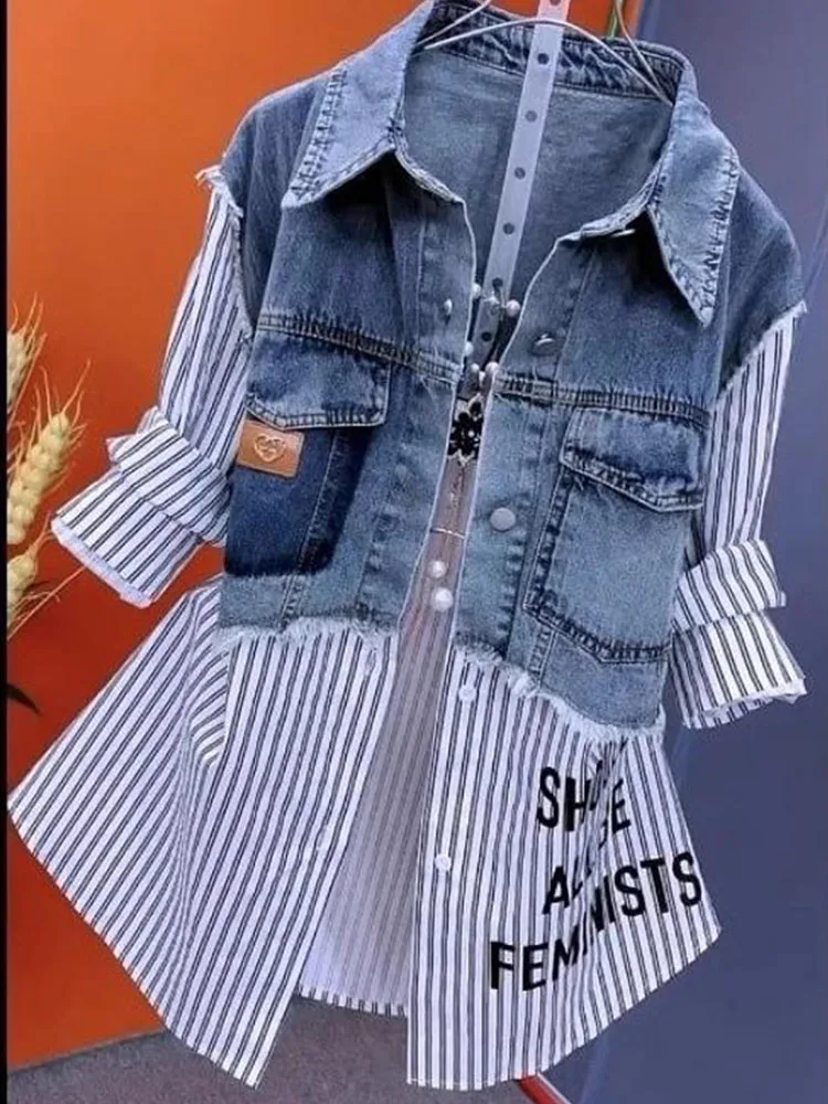 

Fashion Women Denim Jacket Fake Two Denim Shirts 2025 New Spring Summer Autumn Casual Joker Stitching Striped Tops Coat Female