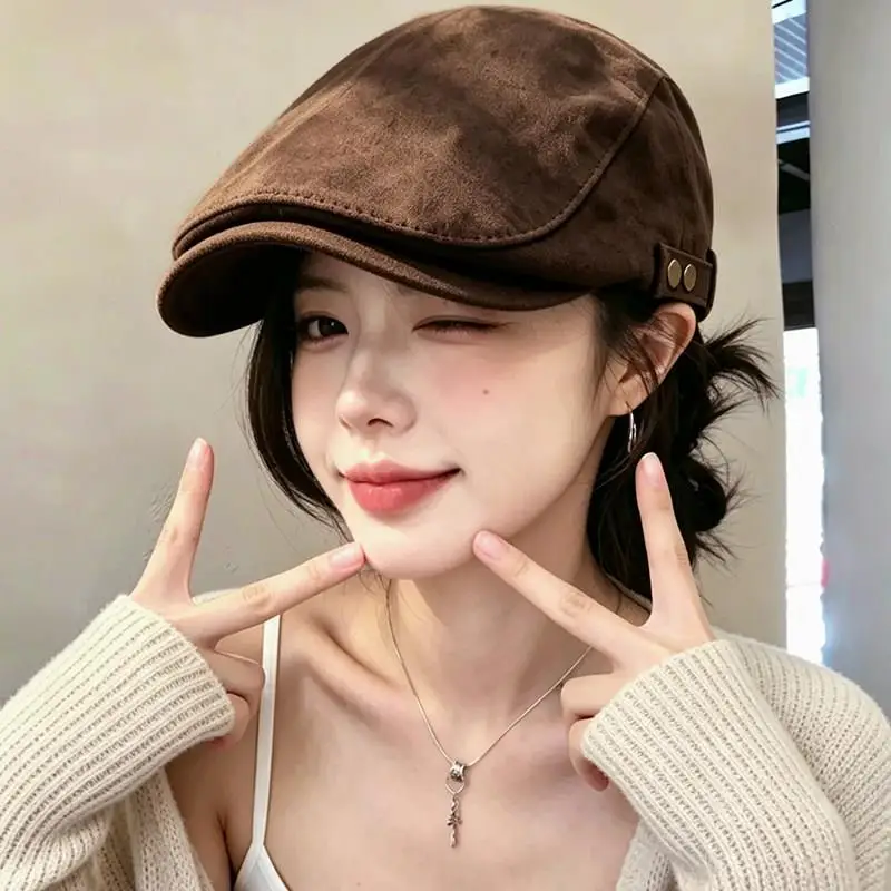 Retro Japanese Style Women's Beret Hat with Adjustable Wide Brim Autumn Fashionable Duckbill Cap Turned Back Small Face Effect