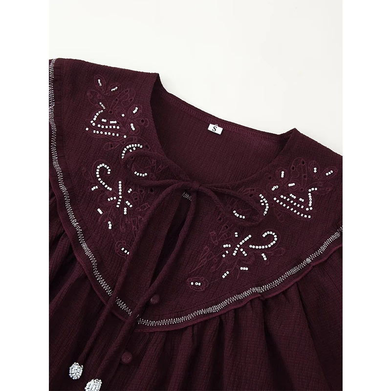 YENKYE nouvelles femmes mode perlée chemise brodée à lacets col rond à manches longues décontracté Blouse ample printemps haut d'automne