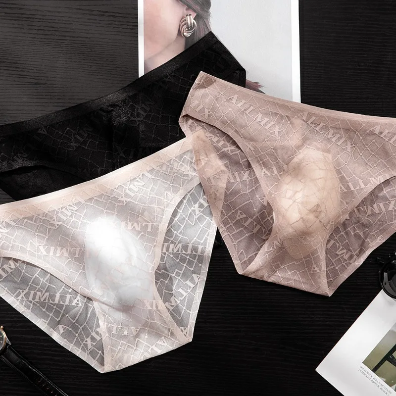 

Letter Lace Transparent Men's Underwear Thin Mesh Hollow Out Sexy Male Briefs Medium Low Waist Sexy Triangle Shorts