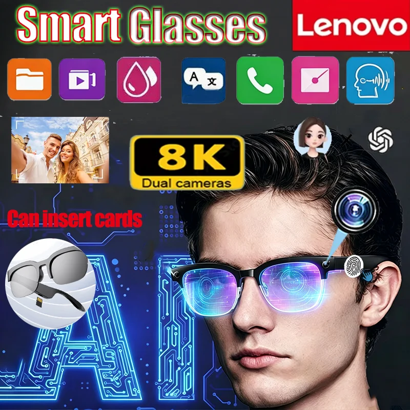 Lenovo 8K Smart Glasses New AI Translation Bluetooth Conversation Recording Listening To Music Smart Sunglasses for Men Women