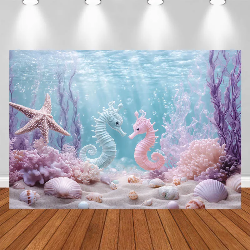 

LS Photography Background Underwater World Shells Seahorses Decoration Cake Smash Baby Shower Kids Portrait Photo Backdrop Studi