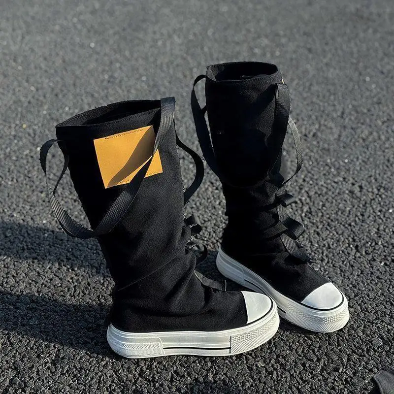 

New High Top Woman Canvas Shoes Women's Spring Autumn Boots Wide Barrel Mid Barrel Boots Trouser Barrel Stacking Boots