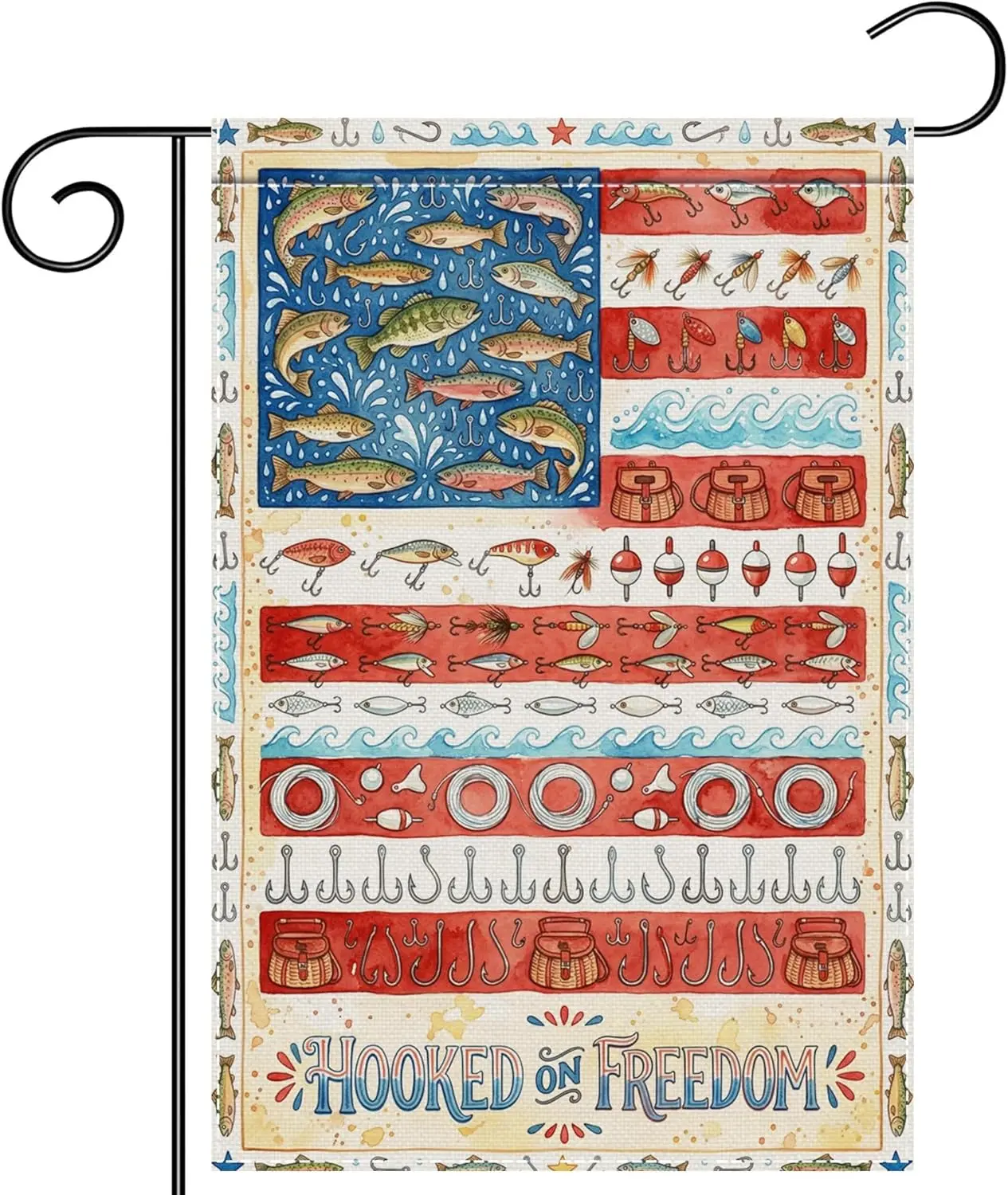 Fishing Lure Garden Flag Hooked on Freedom Patriotic Lake House Decor 12x18 Inch Double Sided Polyester jjp