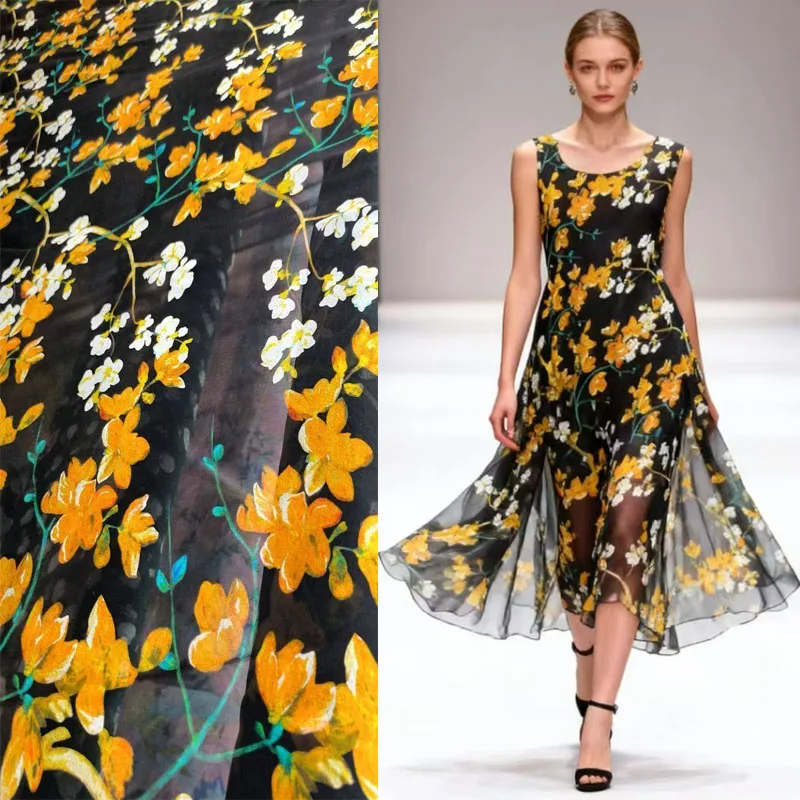 

Luxury D Brand Yellow Flowers 100% Mulberry Silk Fabric Georgette Fashion Cloth Shirt Dress Sewing Per Meter Black Tulle Mater