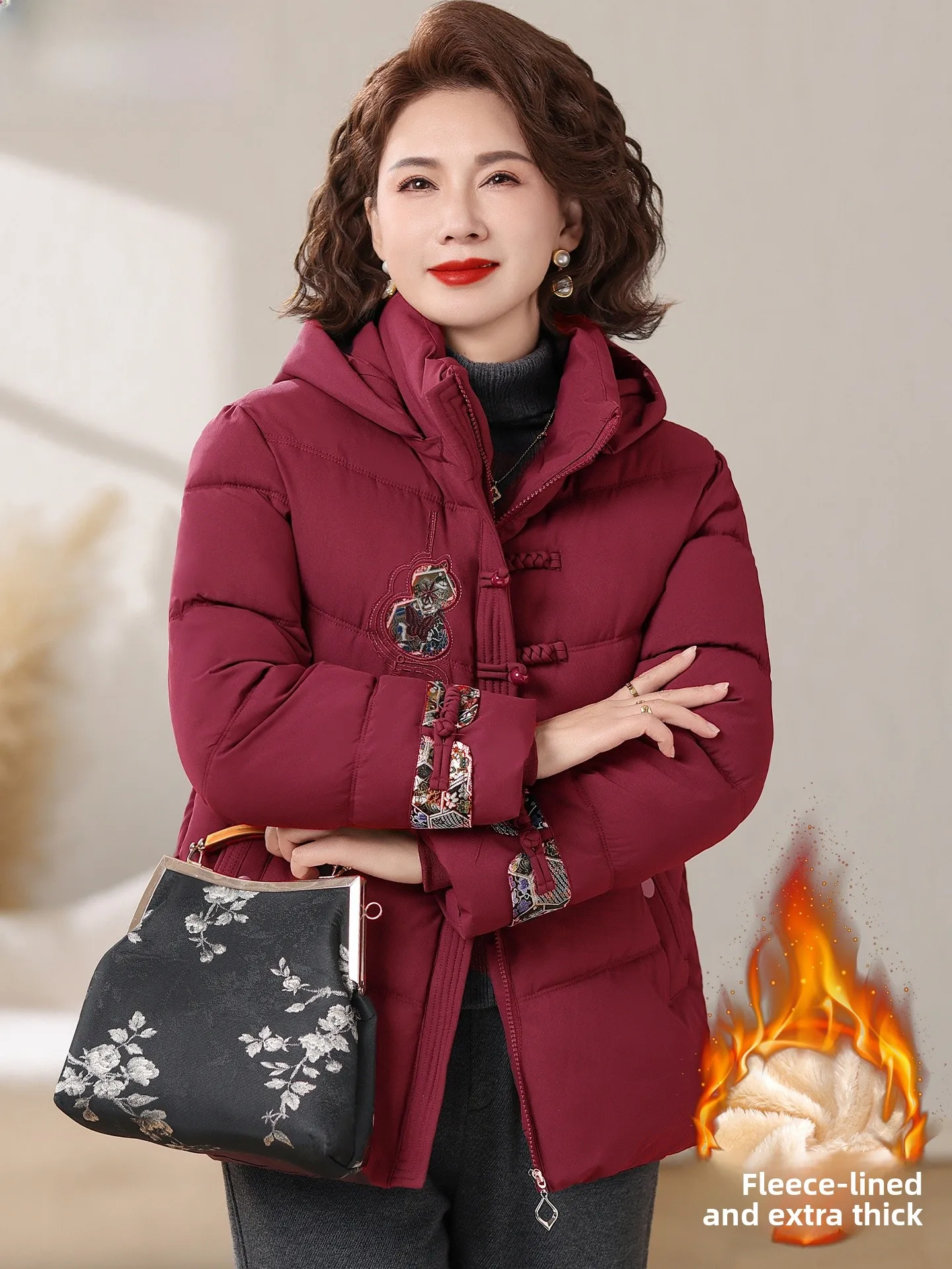 

Thickened Fleece Winter Jacket Women's Cotton Padded Coat Elderly Fashion Warm Zipper Closure Casual Outerwear Coat