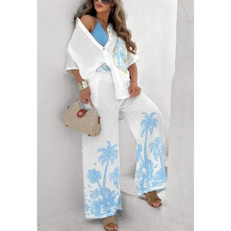 Women's Summer 2 piece Set Fashion Printed Shirt Blouse Casual Loose Half Sleeve Long Pants Pocket Beach Seaside Vacation Suits