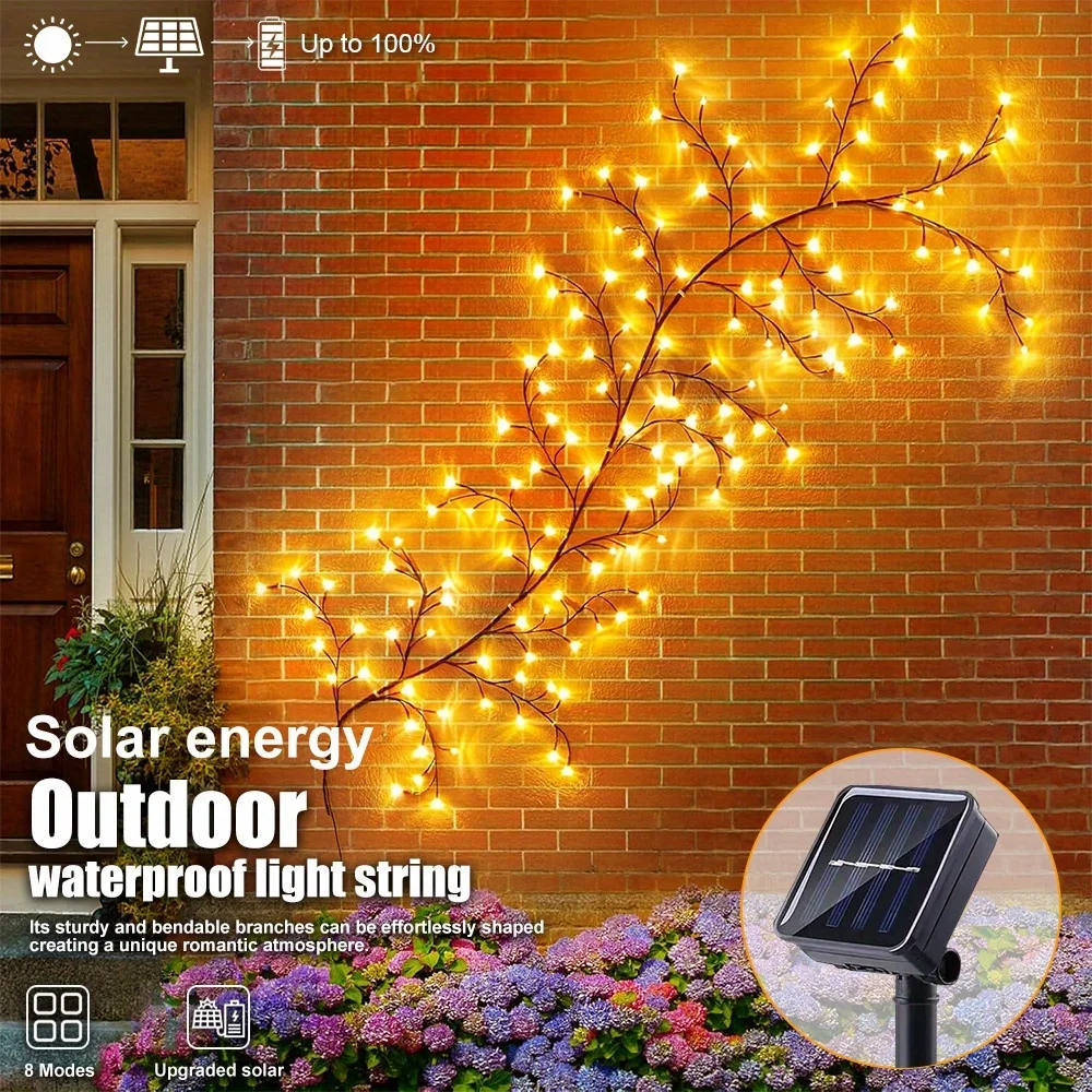 8-режимный гибкий светильник с вербовой лозой на солнечной энергии, светодиодный настенный декор для дома, вечеринки, дня рождения, гостиной, Рождества, солнечный уличный светильник