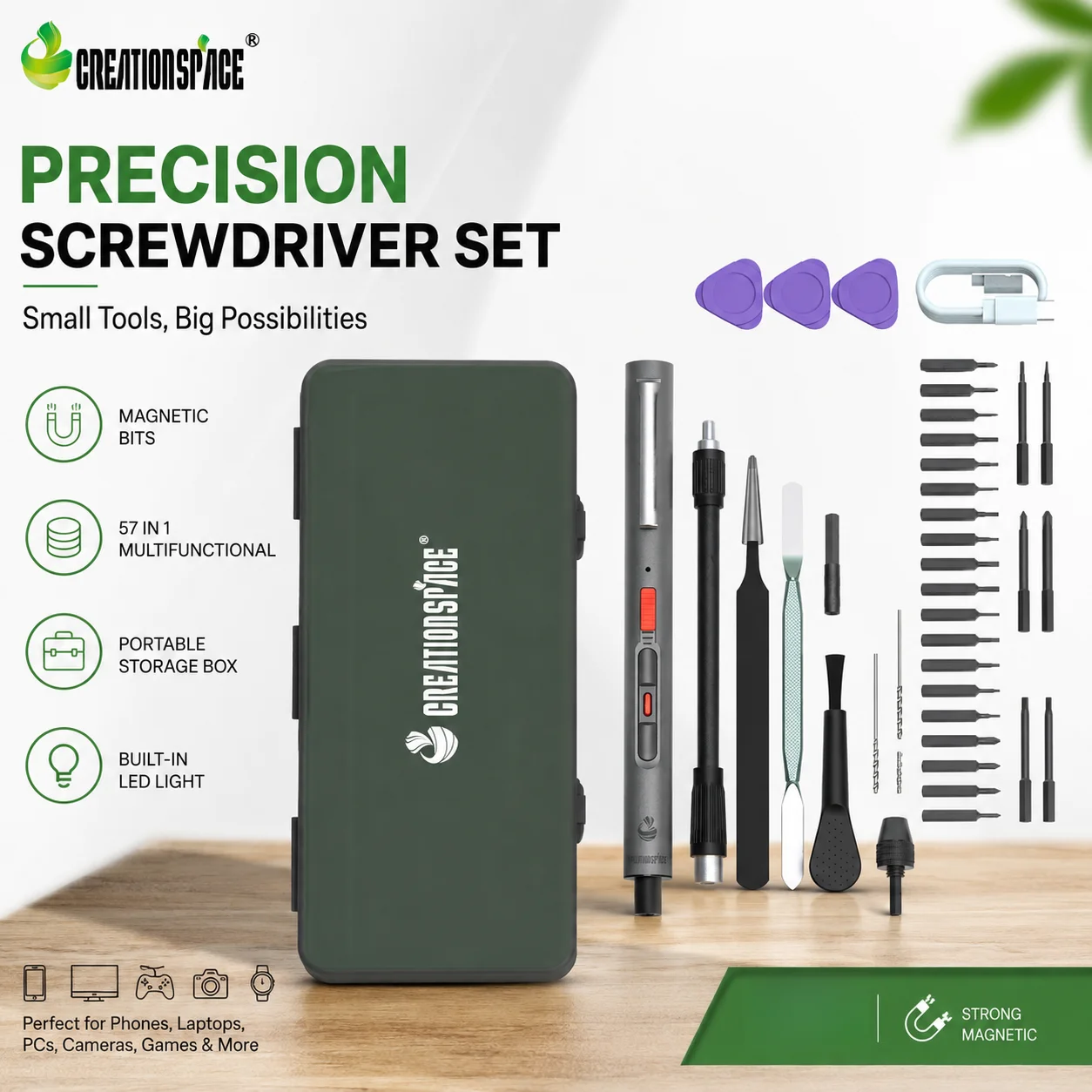 CREATIONSPACE Präzisions-Schraubendreher-Set, magnetische Bits mit LED-Licht, für die Reparatur von Telefonen, Laptops und Kameras