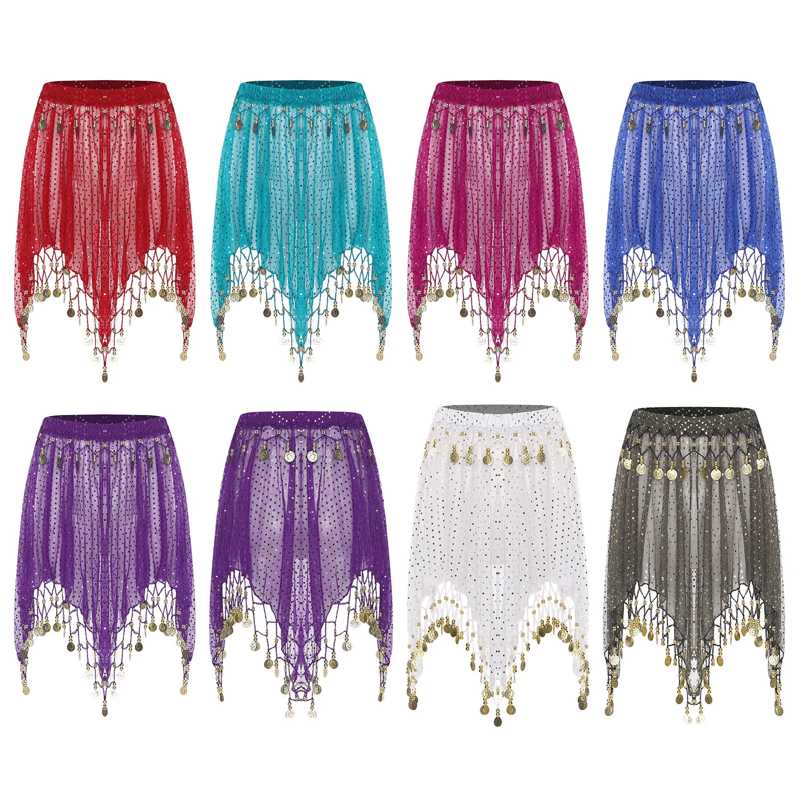 Womens Belly Dance Skirt Crisp Sound Making Tassel Sequined Sheer Mesh Irregular Hem Elastic Waist Skirt for India Folk Dance