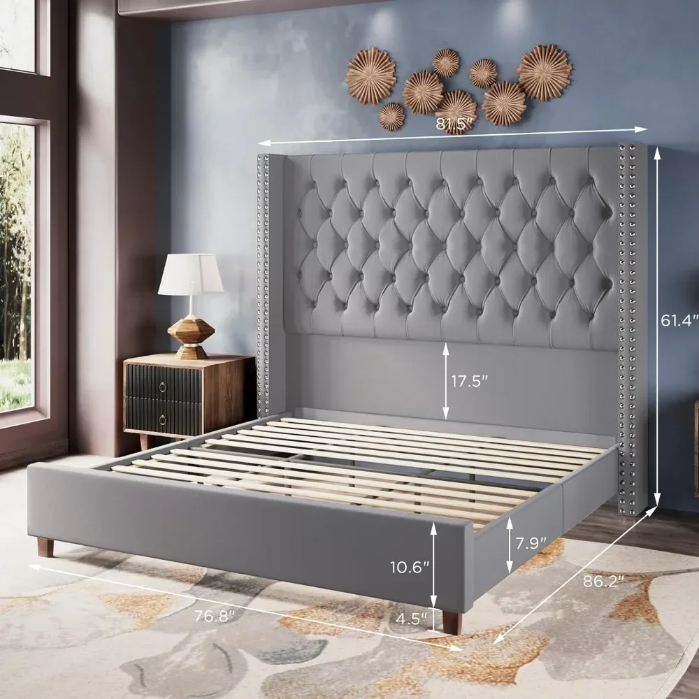 Tufted/No Box Spring Needed，Velvet Upholstered Bed Frame King Size 61.4